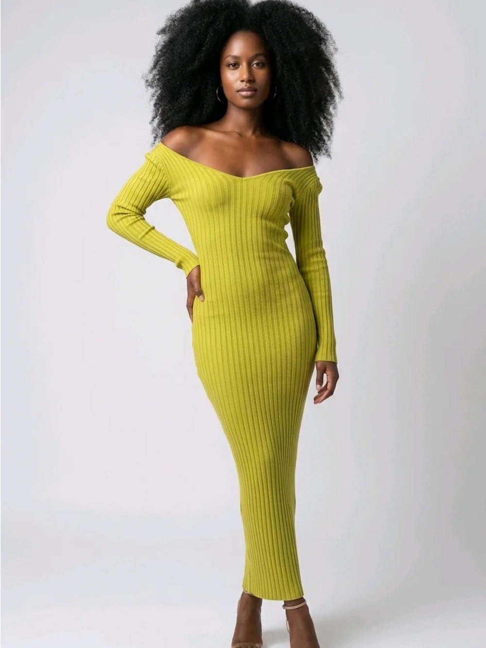 Alta Moda Off-Shoulder Ribbed Maxi Dress in Chartreuse CAMILLA RIBBED DRESS